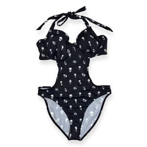 Killstar Rebel Fate Swimsuit Black Skull Print One Piece Womens Large NWT